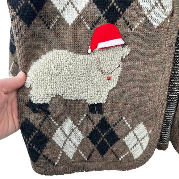 Vintage Tally-Ho Argyle Sheep Christmas Cardigan Sweater Brown Quirky Grannycore - Picture 2 of 6